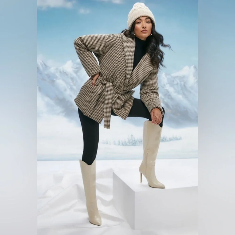 SHOEDAZZLE Women Paige Stiletto Beige Knee-High Boots Crock Embossed Size 10 New - Picture 2 of 14